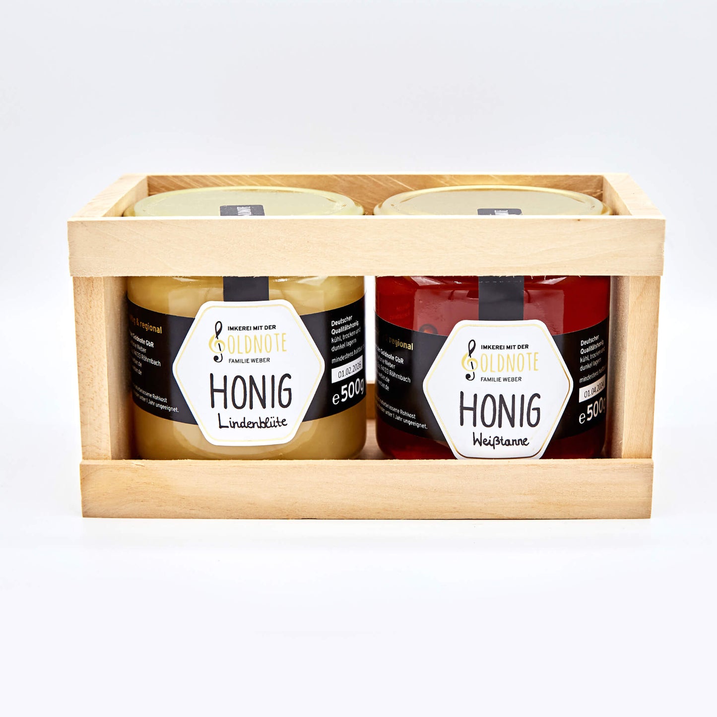 Honig Geschenkbox, 2 Honigsorten in Holzbox