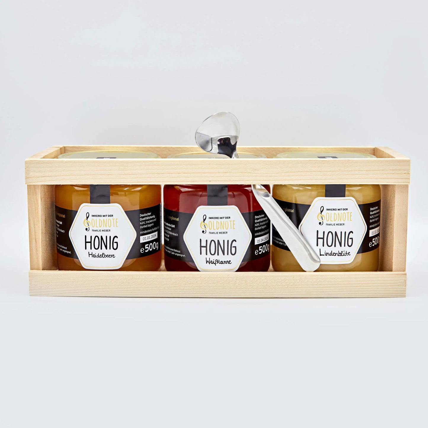 Honig Geschenkbox, 3 Honigsorten in Holzbox mit Edelstahl-Spirale
