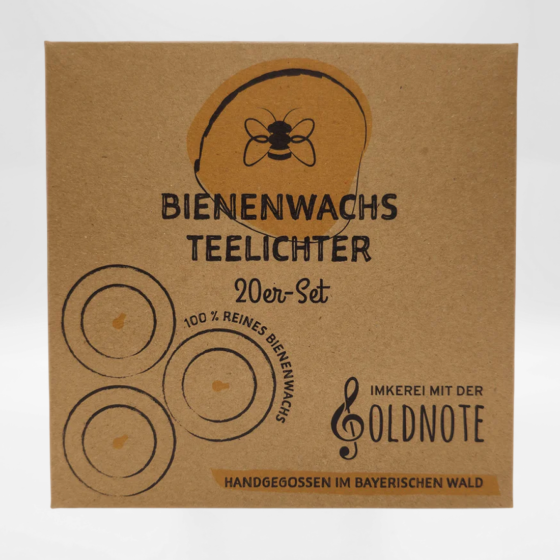 Nachhaltige Verpackung des 20er Bienenwachs Teelichter Sets – Imkerei mit der Goldnote, plastikfrei und regional