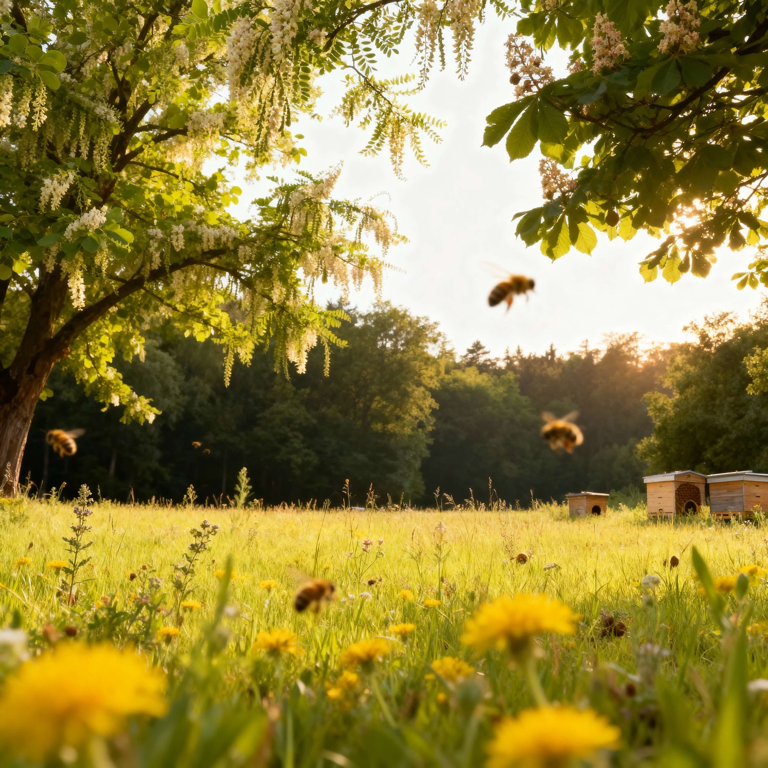 Bienen fliegen über eine blühende Wiese mit Akazienbäumen und Bienenkästen – Symbol für nachhaltige Bio-Wanderimkerei und deutschen Bio-Honig.