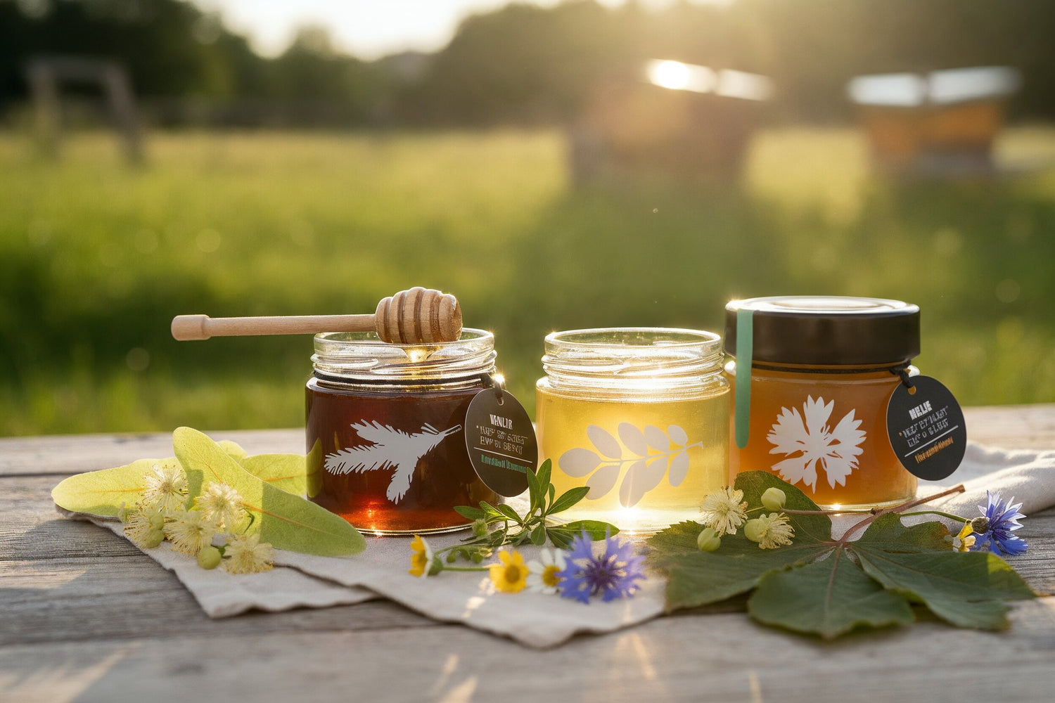 Gläser mit Bio-Honig der Honigwanderer – Waldhonig, Lindenhonig und Akazienhonig im Abendlicht auf Holztisch, Symbol für nachhaltige deutsche Bio-Imkerei