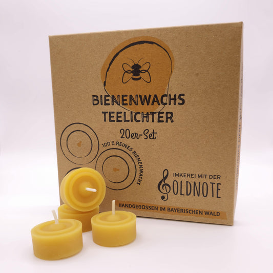 20er Set Bienenwachs Teelichter in nachhaltiger Verpackung – handgefertigt von der Imkerei mit der Goldnote aus dem Bayerischen Wald