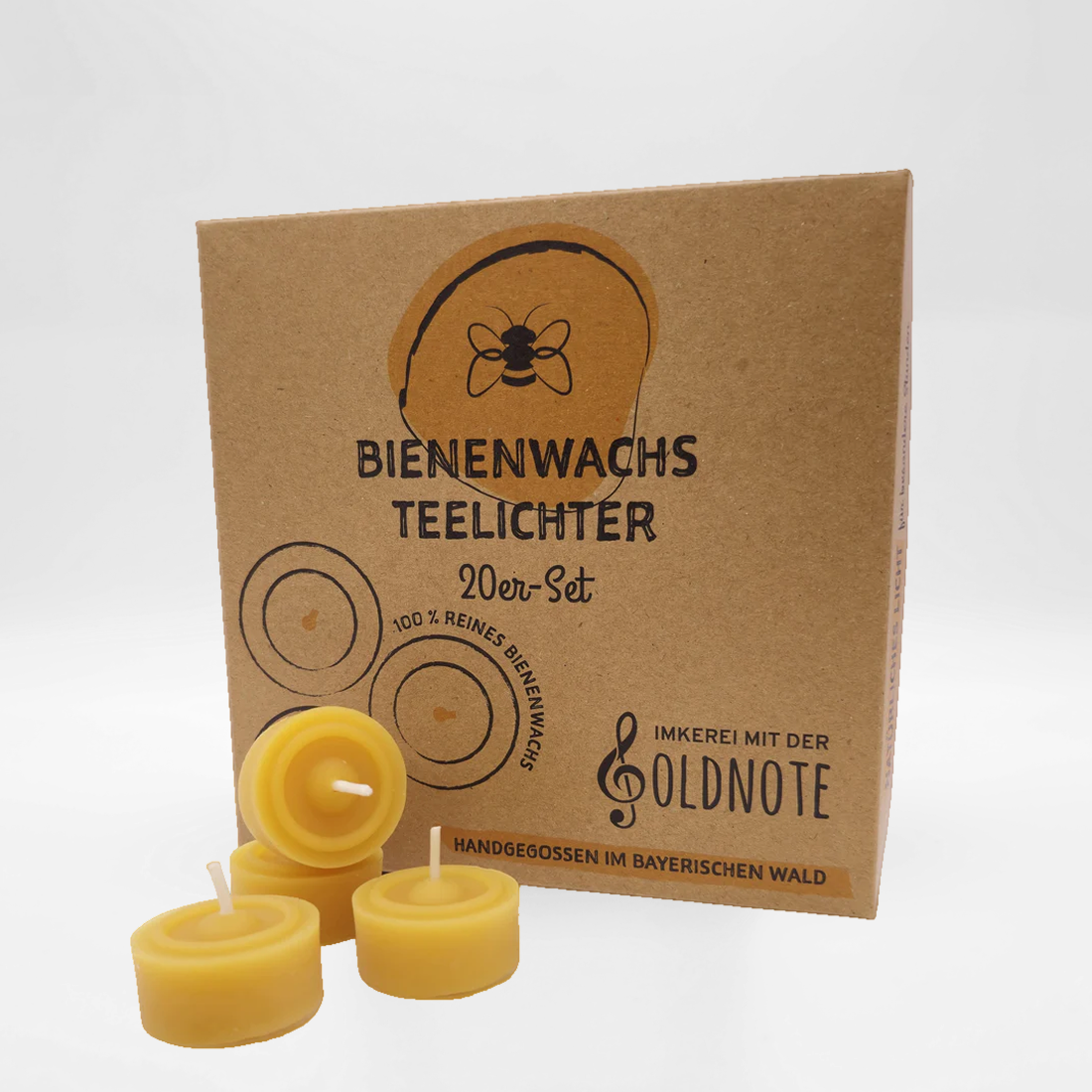 20er Set Bienenwachs Teelichter in nachhaltiger Verpackung – handgefertigt von der Imkerei mit der Goldnote aus dem Bayerischen Wald