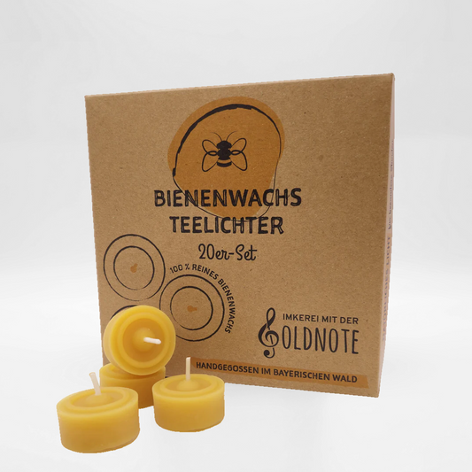 20er Set Bienenwachs Teelichter in nachhaltiger Verpackung – handgefertigt von der Imkerei mit der Goldnote aus dem Bayerischen Wald