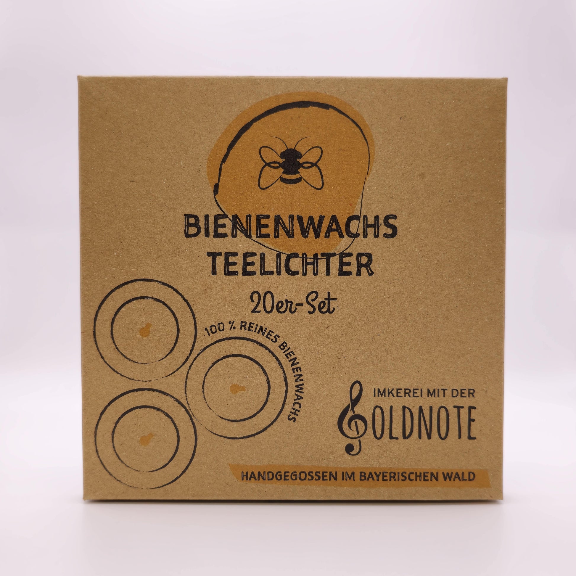 Nachhaltige Verpackung des 20er Bienenwachs Teelichter Sets – Imkerei mit der Goldnote, plastikfrei und regional