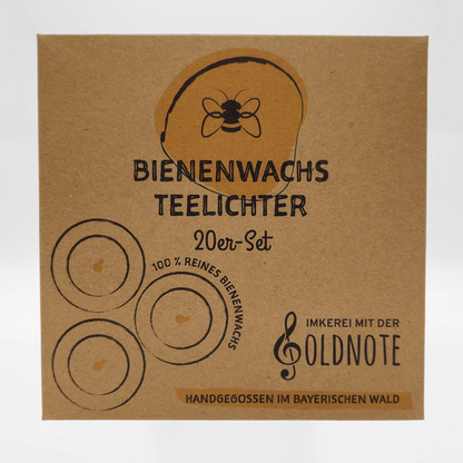 Nachhaltige Verpackung des 20er Bienenwachs Teelichter Sets – Imkerei mit der Goldnote, plastikfrei und regional