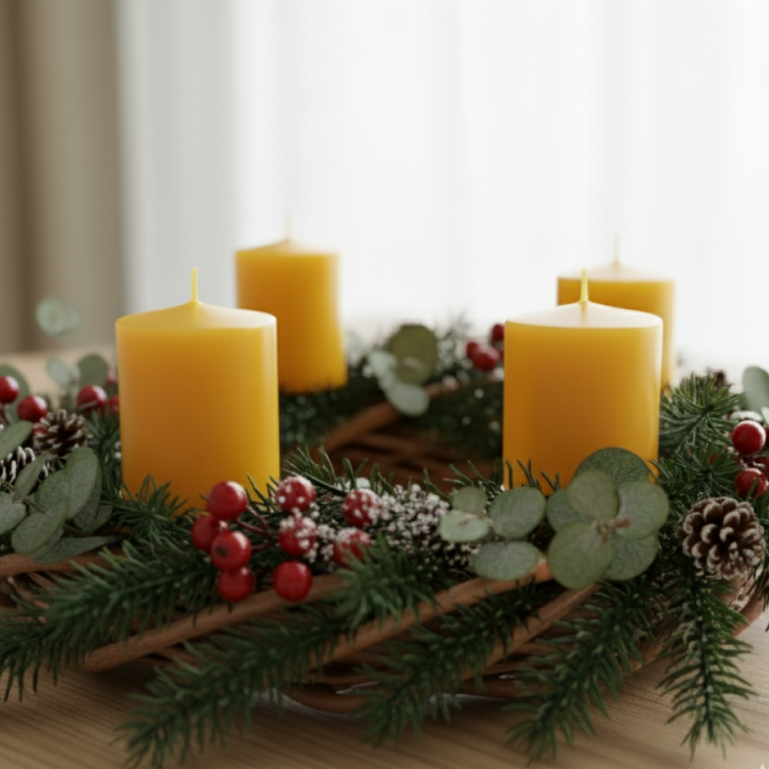 Vier Bienenwachskerzen auf einem natürlichen Adventskranz mit Tannenzweigen und Beeren – nachhaltige Weihnachtsdekoration der Imkerei mit der Goldnote.