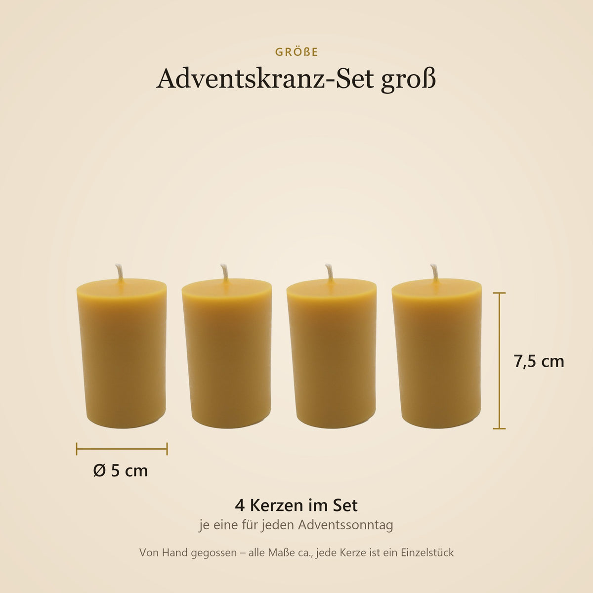 Größe Adventskranz-Set groß: vier Kerzen je Ø 5 cm, 7,5 cm hoch