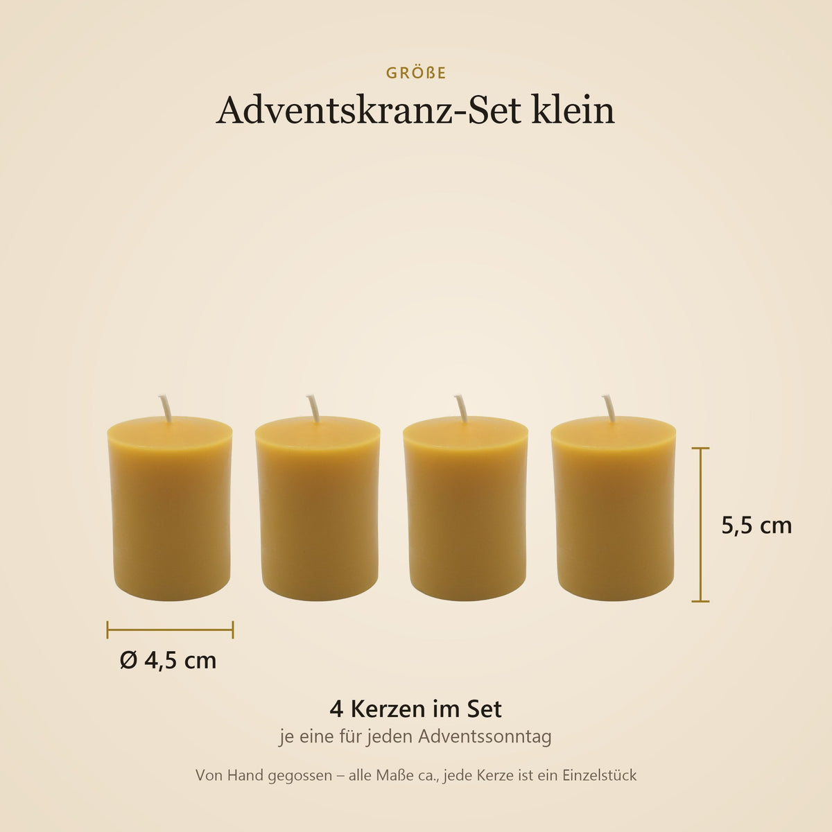 Größe Adventskranz-Set klein: vier Kerzen je Ø 4,5 cm, 5,5 cm hoch