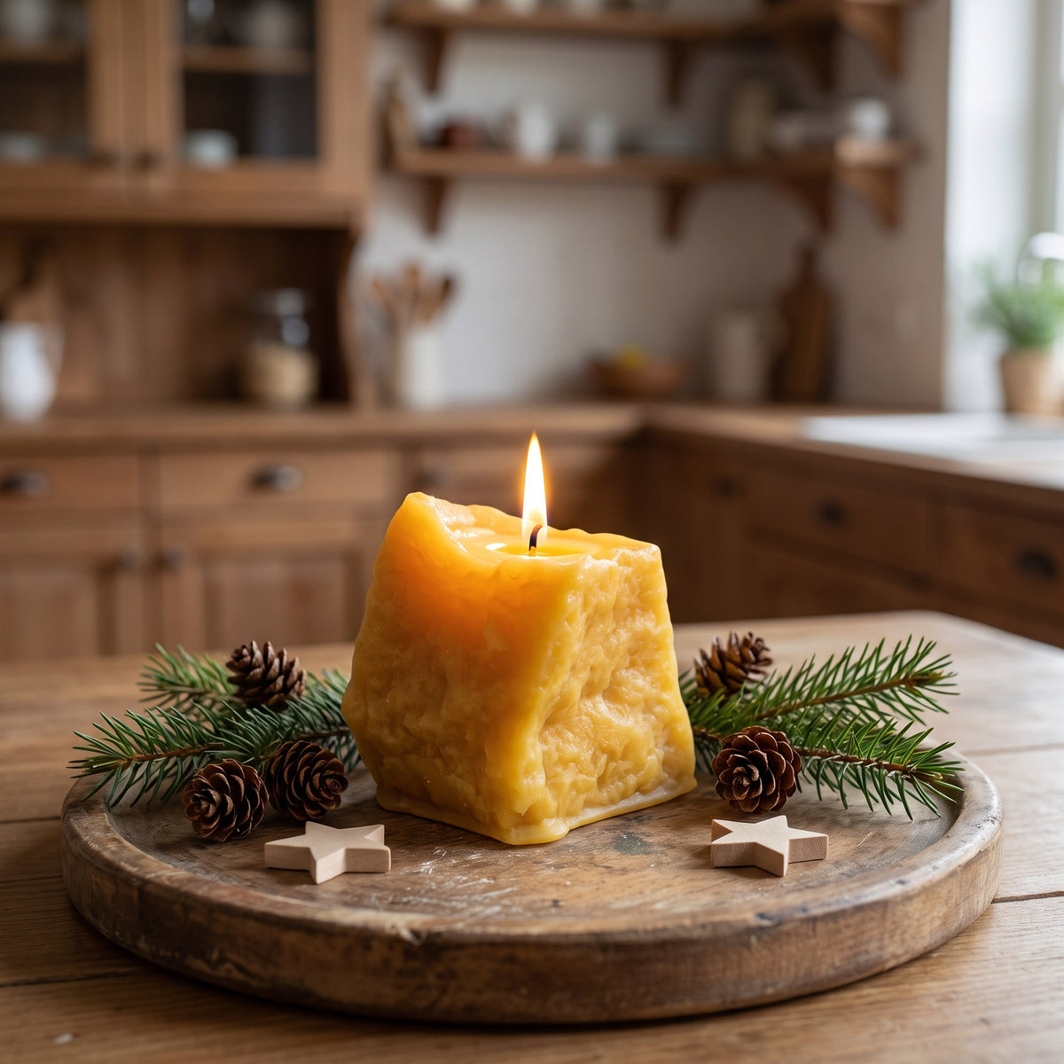 Pflasterstein-Kerze aus Bienenwachs brennt auf einem Holztablett mit Tannenzweigen, Zapfen und Holzsternen
