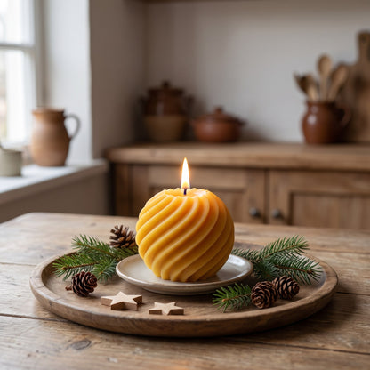 Spiralkugel aus Bienenwachs brennt auf einem Holztablett mit Tannenzweigen, Zapfen und Holzsternen