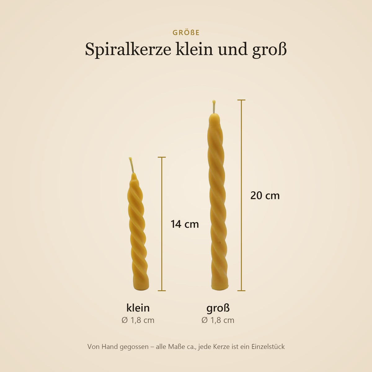 Größe Spiralkerze: klein 14 cm, groß 20 cm, Ø 1,8 cm