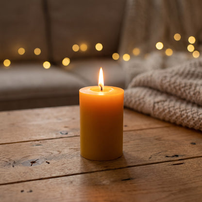 Stumpenkerze aus Bienenwachs brennt abends auf einem Holztisch, im Hintergrund Lichterkette und Strickdecke