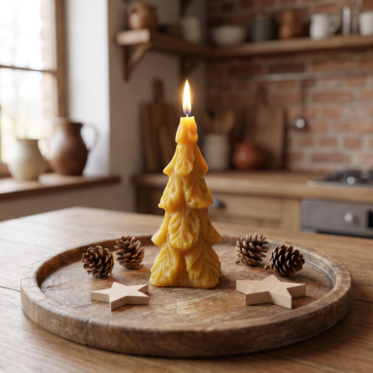 Große Tannenbaum-Kerze aus Bienenwachs brennt auf einem Holztablett mit Tannenzweigen, Zapfen und Holzsternen