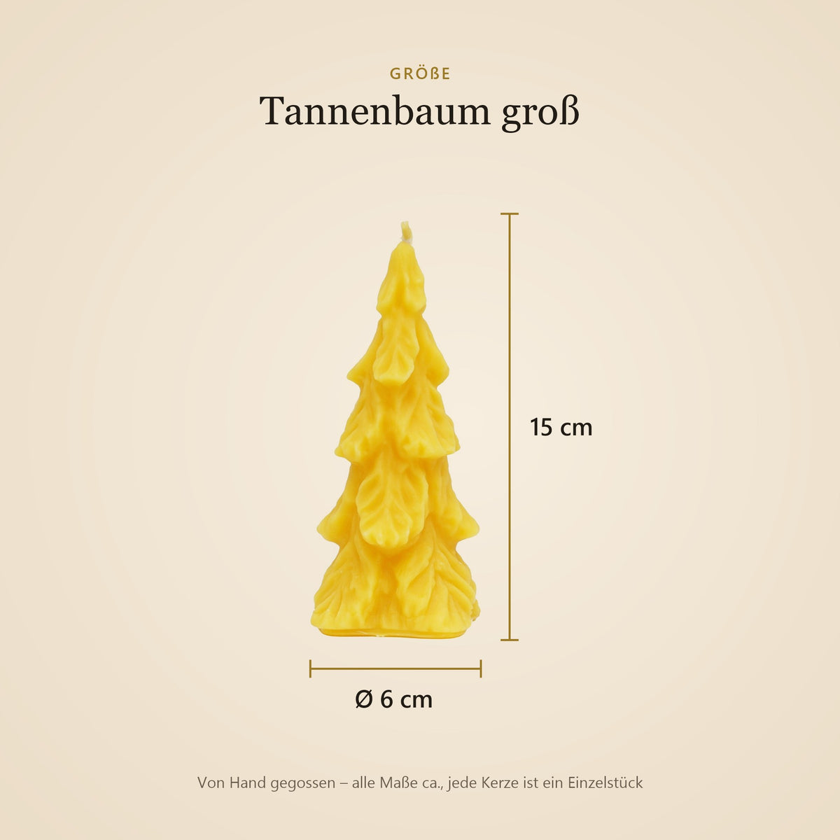 Größe Tannenbaum-Kerze groß: Ø 6 cm, 15 cm hoch
