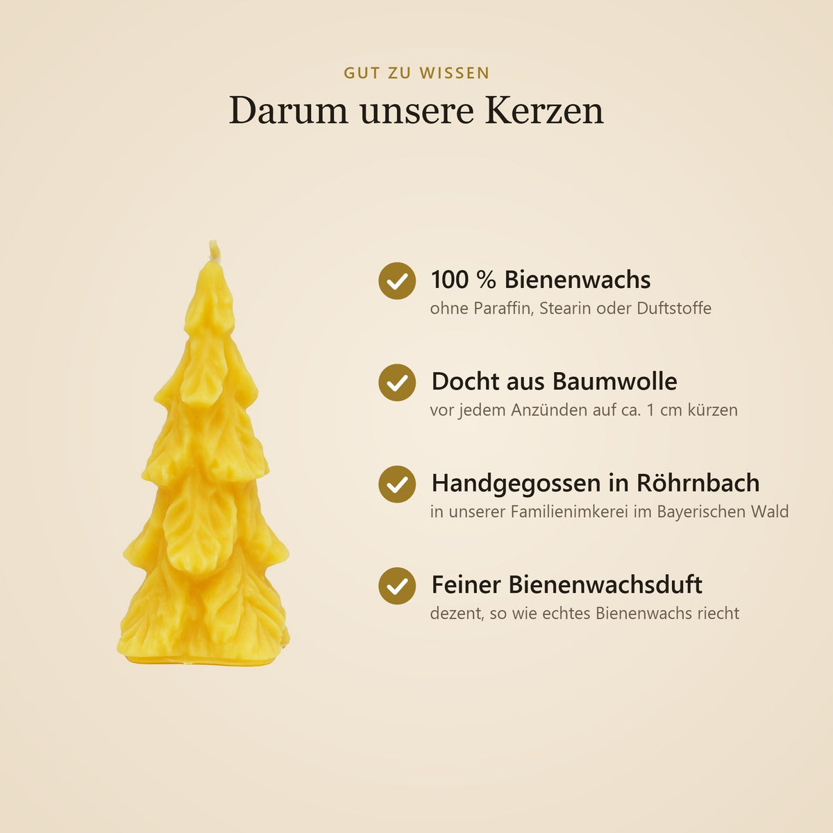 Vorteile unserer Bienenwachskerzen: 100 % Bienenwachs, Docht aus Baumwolle, handgegossen in Röhrnbach, feiner Bienenwachsduft