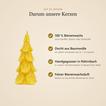 Vorteile unserer Bienenwachskerzen: 100 % Bienenwachs, Docht aus Baumwolle, handgegossen in Röhrnbach, feiner Bienenwachsduft