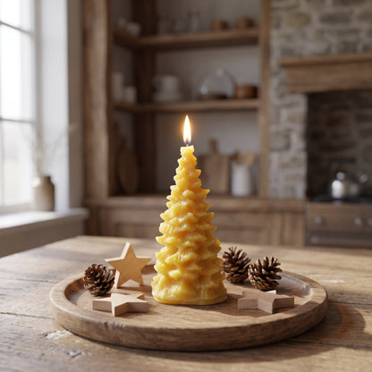 Kleine Tannenbaum-Kerze aus Bienenwachs brennt auf einem Holztablett mit Tannenzweigen, Zapfen und Holzsternen