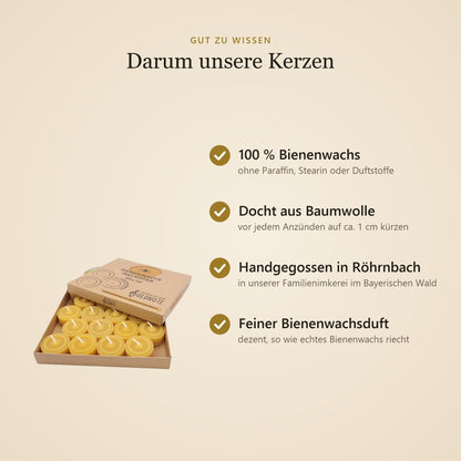 Vorteile unserer Bienenwachskerzen: 100 % Bienenwachs, Docht aus Baumwolle, handgegossen in Röhrnbach, feiner Bienenwachsduft