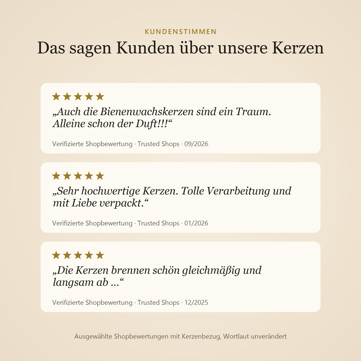 Drei Kundenstimmen zu unseren Bienenwachskerzen mit fünf Sternen, Shopbewertungen bei Trusted Shops