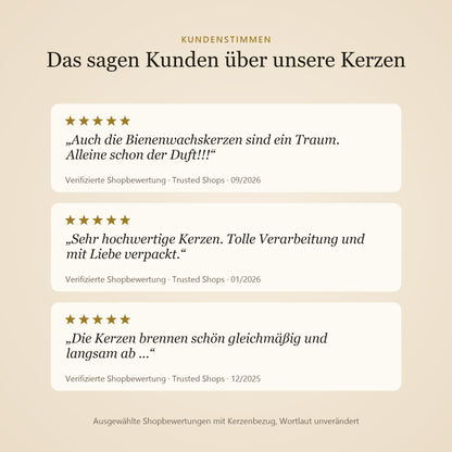 Drei Kundenstimmen zu unseren Bienenwachskerzen mit fünf Sternen, Shopbewertungen bei Trusted Shops