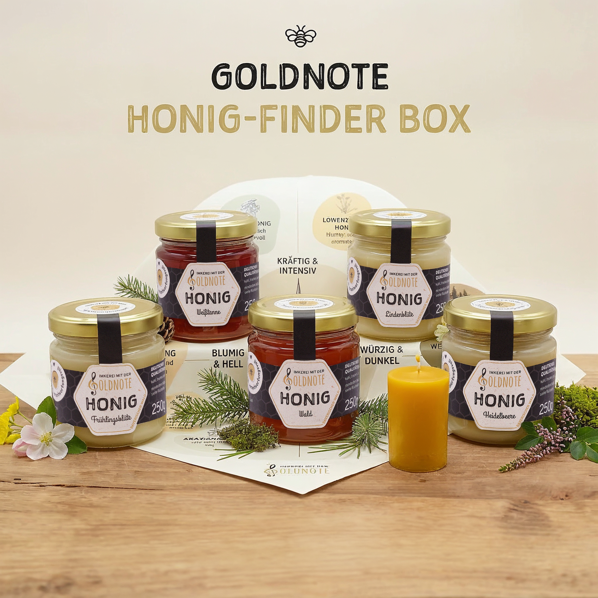 Goldnote Honig-Finder Box mit fünf Honiggläsern, Honig-Kompass und Bienenwachskerze