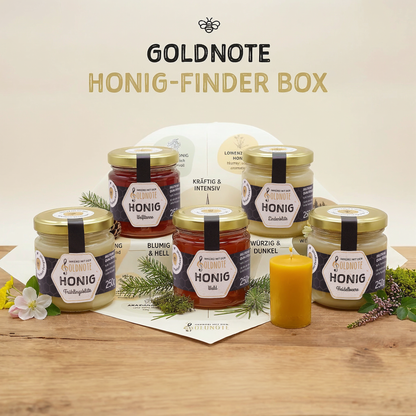Goldnote Honig-Finder Box mit fünf Honiggläsern, Honig-Kompass und Bienenwachskerze