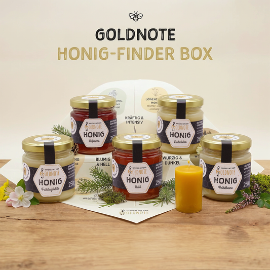 Goldnote Honig-Finder Box mit fünf Honiggläsern, Honig-Kompass und Bienenwachskerze