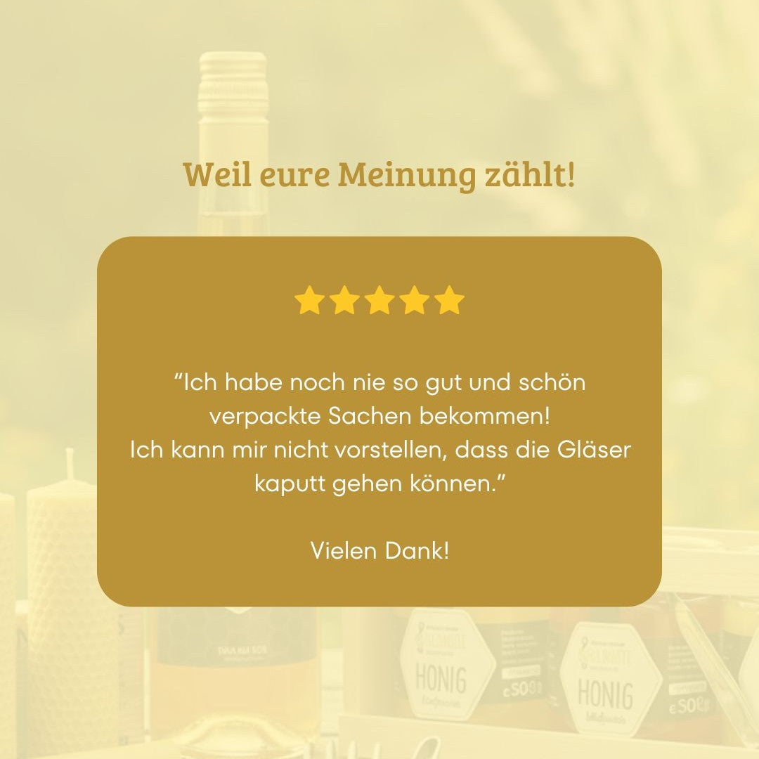 5-Sterne-Kundenbewertung zur sicheren und schönen Verpackung der Goldnote Honig-Finder Box mit Honiggläsern im Hintergrund