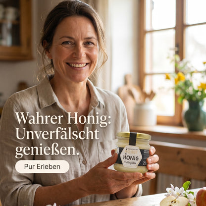 Kundin hält ein Goldnote Honigglas mit Hinweis auf unverfälschten Honiggenuss