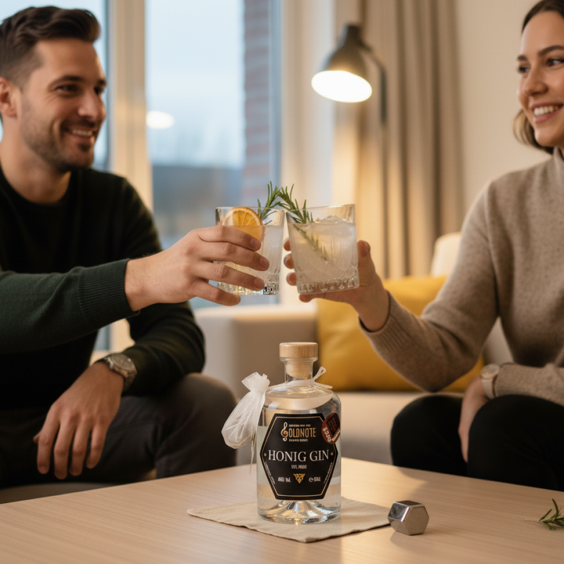 Zwei Personen stoßen mit Gin-Cocktails an, im Vordergrund steht eine Flasche Goldnote Honig Gin auf dem Tisch – gemütliche Genuss-Szene in warmem Ambiente.