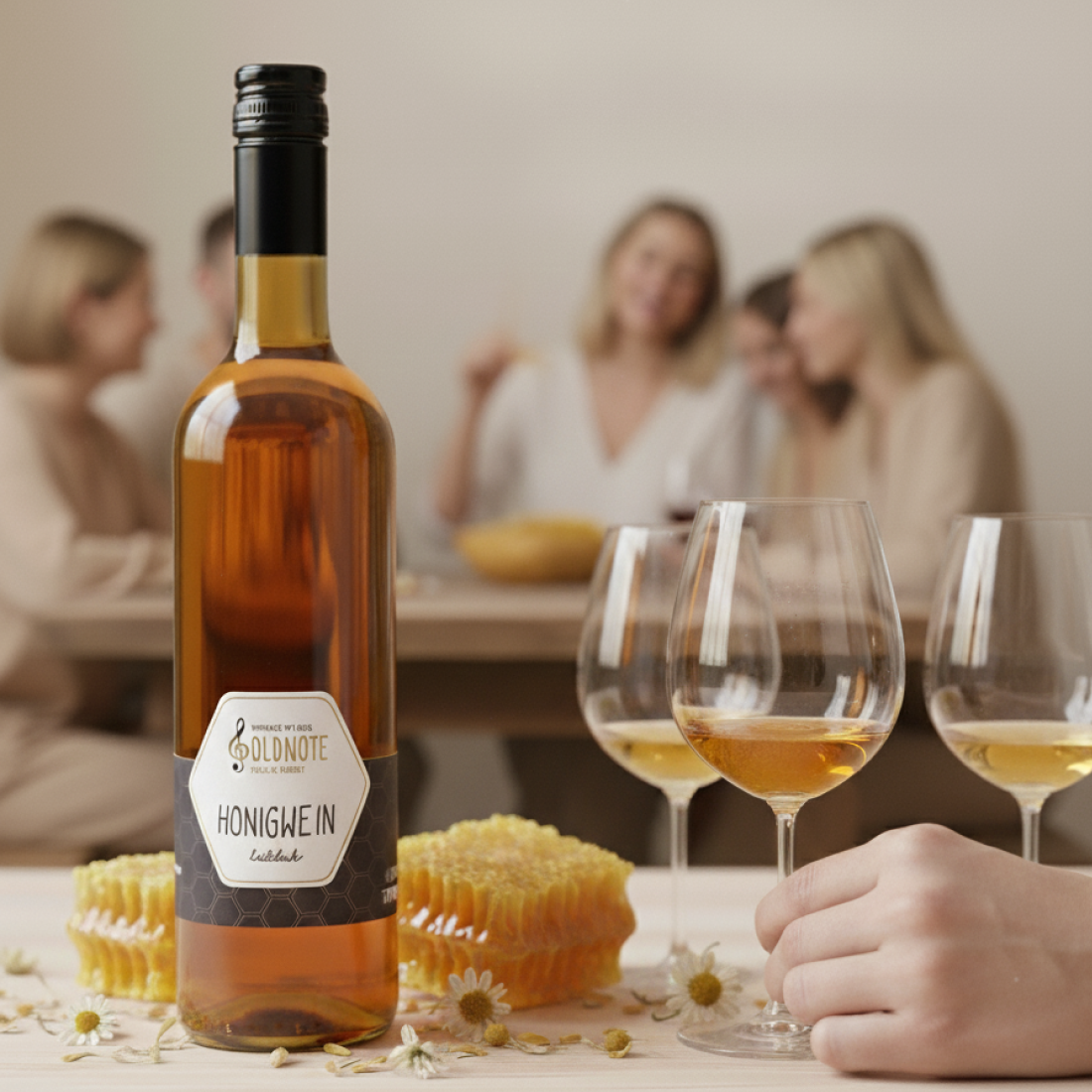 Flasche Goldnote Honigwein auf einem Tisch mit gefüllten Weingläsern, im Hintergrund sitzt eine Gruppe von Menschen in geselliger Runde – stimmungsvolles Lifestyle-Bild zu Honigwein.