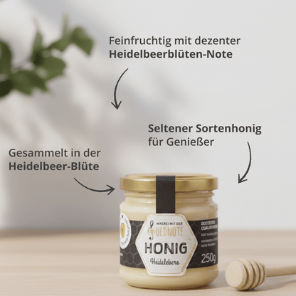 Herb-aromatischer Heidelbeerhonig der Imkerei mit der Goldnote