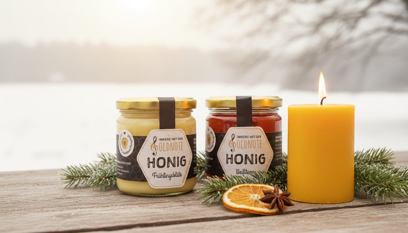 Gläser Honig der Imkerei mit der Goldnote mit brennender Bienenwachskerze auf Holztisch – winterliches Stimmungsbild für nachhaltigen Honiggenuss aus dem Bayerischen Wald.