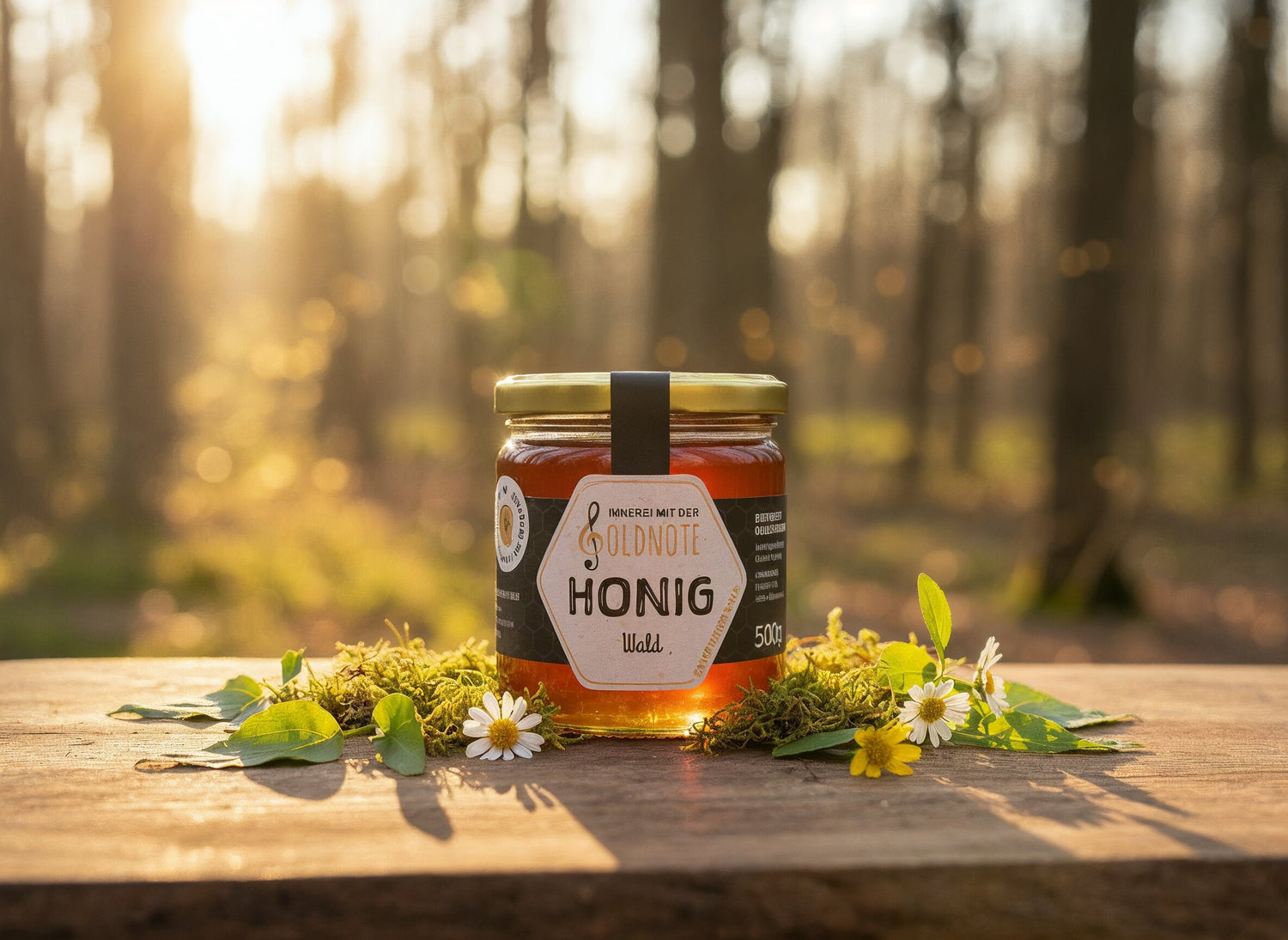 Glas Waldhonig der Imkerei mit der Goldnote auf Holztisch im Abendlicht – nachhaltige Imkerei im Bayerischen Wald, naturbelassen und handwerklich erzeugt.