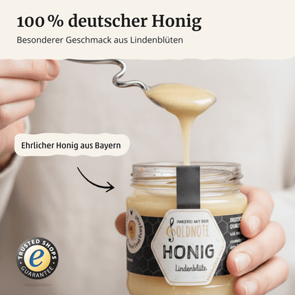 Goldgelber Lindenblütenhonig am Löffel – frisch und minzig, Imkerei mit der Goldnote