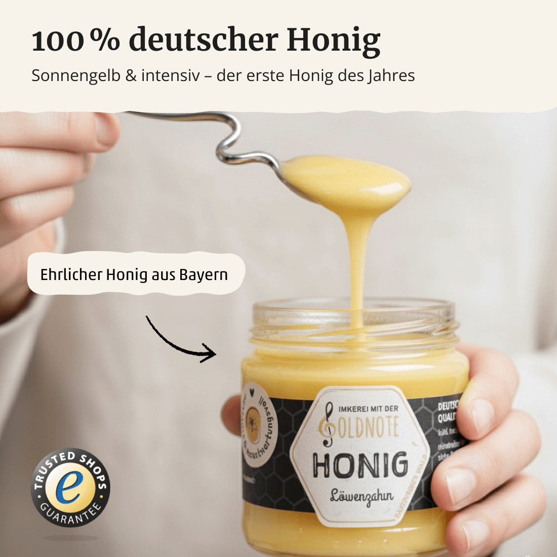 Goldgelber Löwenzahnhonig am Löffel – aromatisch-kräftiger Honig aus Bayern