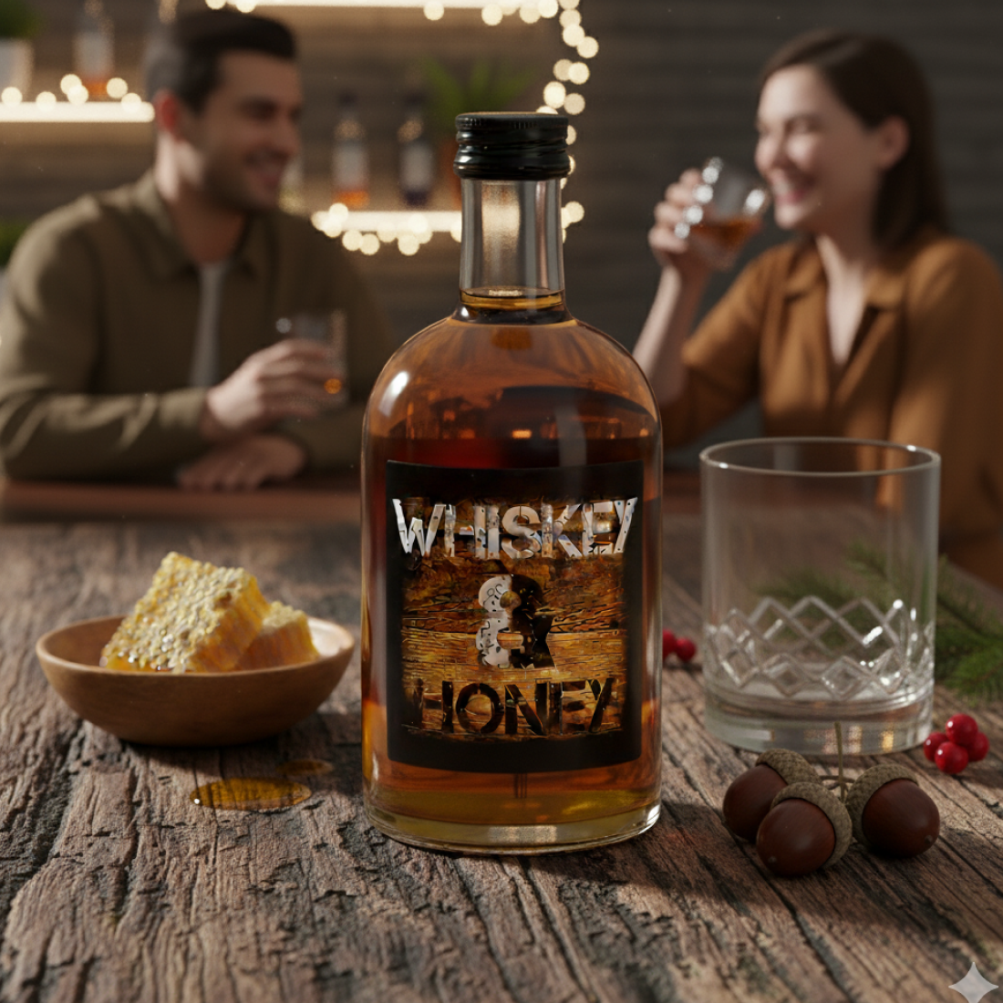 Flasche Whiskey & Honey auf rustikalem Holztisch mit Honigwabe und Glas, im Hintergrund stoßen zwei Personen in gemütlicher Atmosphäre an – stimmungsvolles Produktbild für Honigwhiskey.