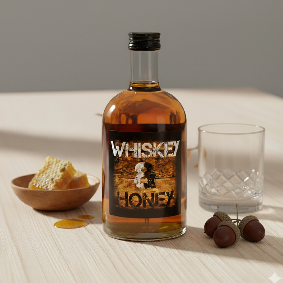 Flasche Whiskey & Honey neben einem Glas, Bienenwabe in einer Schale und Kastanien auf einem Holztisch – stimmungsvolles Produktbild für Honigwhiskey.